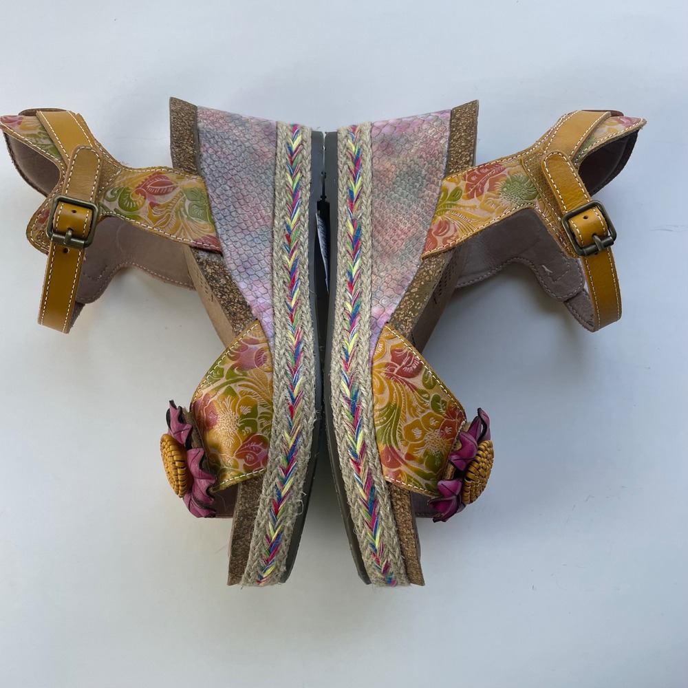 L'ATISTE Yellow Floral Leather Wedge Sandals with Pink Flower Accent - Picture 9 of 12